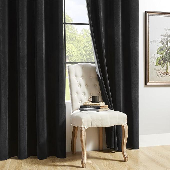 Joydeco Velvet Curtains 72 Inch 1 Panel, Long Luxury Black Blackout Thermal Insulated Rod Pocket Window Curtains, Super Soft Room Darkening Drapes for Living Room Bedroom, W100 x L72 Inch, Black