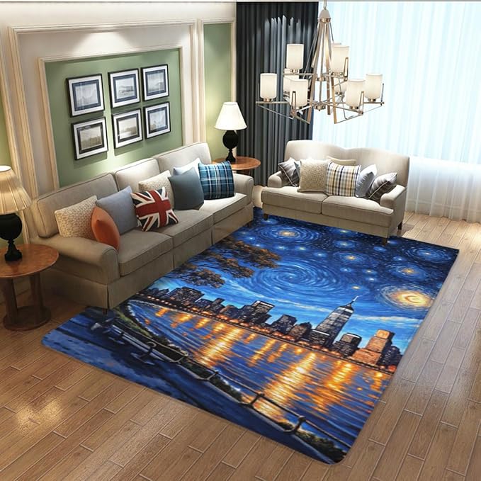 Machine Washable 5' x 8' Oil Painting-Style Area Rug, Bule Floor mat, Suitable for bedrooms, Girls' Room Bedside, Living Room, Dining Room, Office, Non-Slip Low-Pile Stars and Swirls Carpet