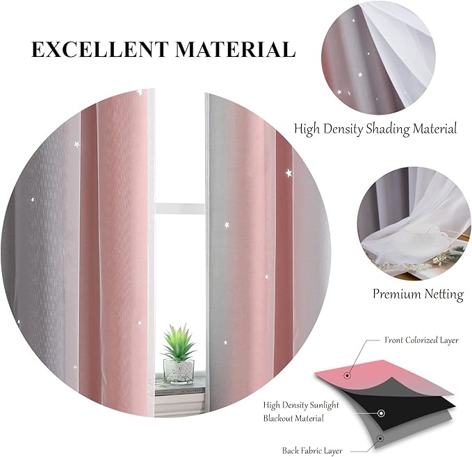 Star Curtains - Blackout & Rainbow Kids Bedroom Curtains, 72 Inch Long, 2 Panels, Pink & Grey