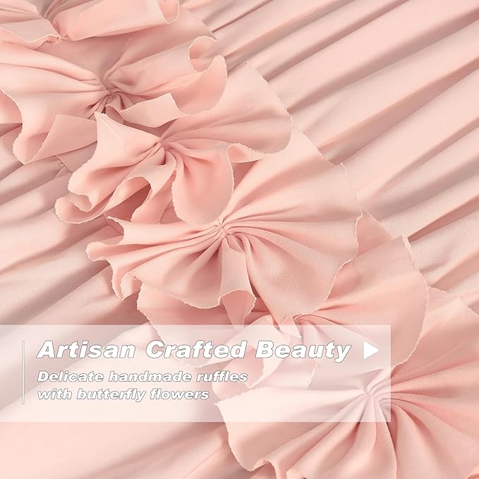 Luxurious Peach Pink Blackout Curtains with 3 Rows of Handmade Butterfly Flower Ruffles, Room Darkening and Soundproof Window Curtain 42" W x 63" L (Pair), Machine Washable (LQ-37)