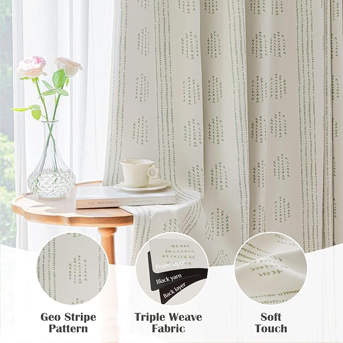 100% Boho Blackout Curtains 96 Inches Long for Bedroom, Green on Beige Patterned Bohemian Curtains for Living Room, Geometric Striped Thermal Insulated Window Drapes Gromment Top 2 Panels