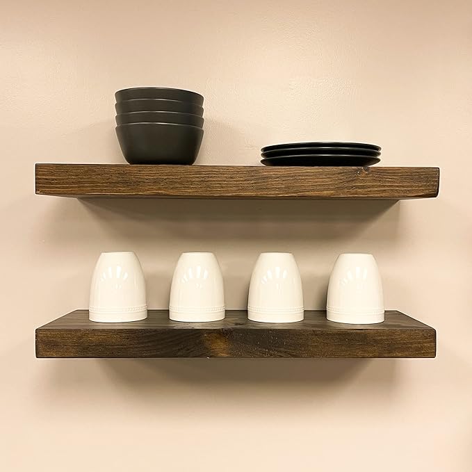URBANDI, Rustic Floating Shelves, Set of 2, Hidden Bracket, Solid Wood, Heavy Duty, Wall Mounted Shelves, (Dark Brown, 24Wx6D)