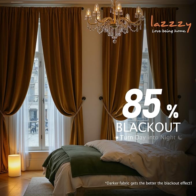 Lazzzy Velvet Blackout Curtains Thermal Insulated Room Window Drapes Super Soft Luxury Curtains for Living Room Bedroom Rod Pocket 2 Panels, Gold Brown, 62" W x 84" L