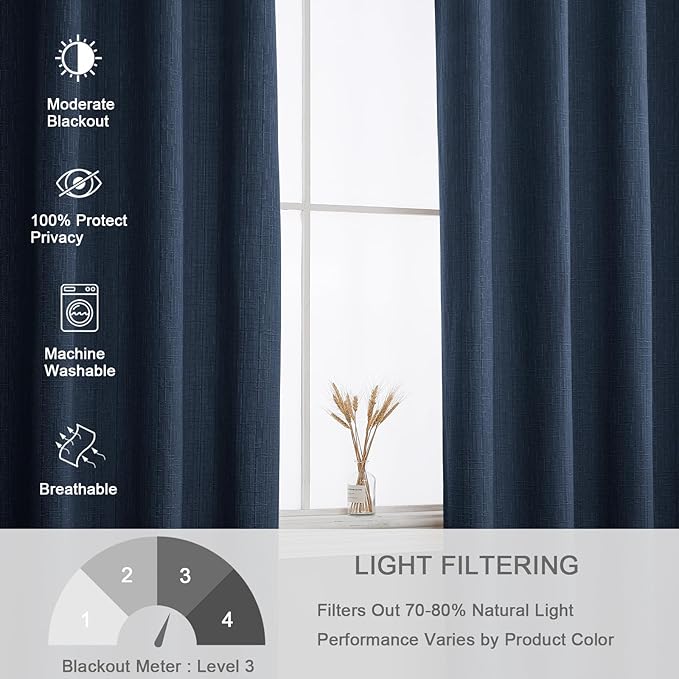 Linen Curtains 188 inch Length 2 Panels for High Ceiling Extra Long Thick Faux Linen Window Drapes Burlap Textured Curtains with Grommet for 2 Story High Living Room (52x188 Navy)