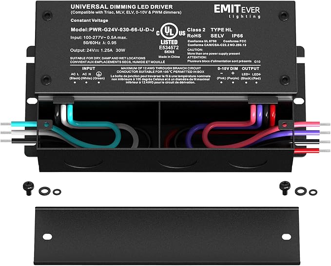 EMITEVER Dimmable Led Driver, 2 Packs 30W AC 110V-277V to DC 24V Transformer, 5-in-1 Dimming: ELV/MLV/TRIAC / 0-10V / 1-10V / 10V PWM/Potentiometer, Waterproof IP67 and UL Listed