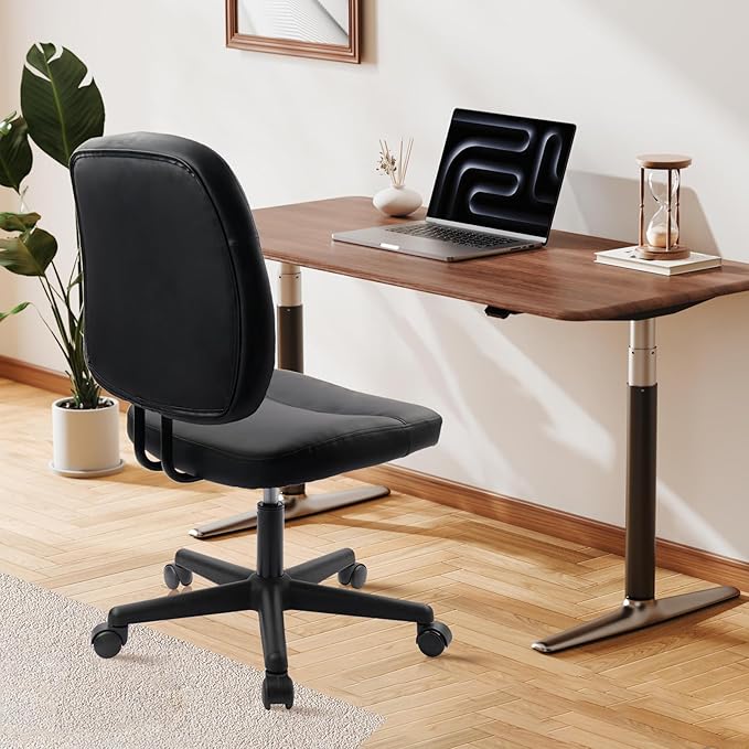 CLATINA Armless Home Office Chair, Small PU Leather Ergonomic Low Back Desk Chair with Lumbar Support and Wheels, Adjustable Height 360° Swivel Rolling Computer Task Chair, Black, 4 Pack