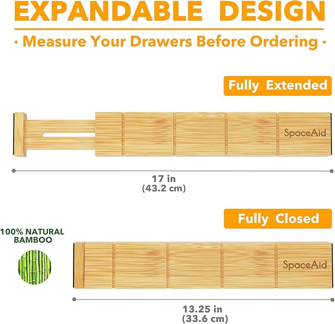 SpaceAid Bamboo Drawer Dividers with Inserts and Labels, Kitchen Adjustable Drawer Organizers, Expandable Organization for Home, Office, Dressers and Bathroom, 6 Dividers with 12 Inserts (13.25-17 in)