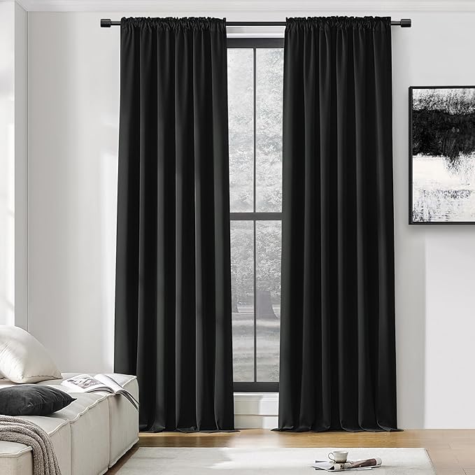 DONREN 99 Percent Blackout Curtains Draperies - Light UV Block Insulated Rod Pocket Window Curtain Panels for Kids Nursery(52 x 96 Inches,Set of 2 Panels,Black)