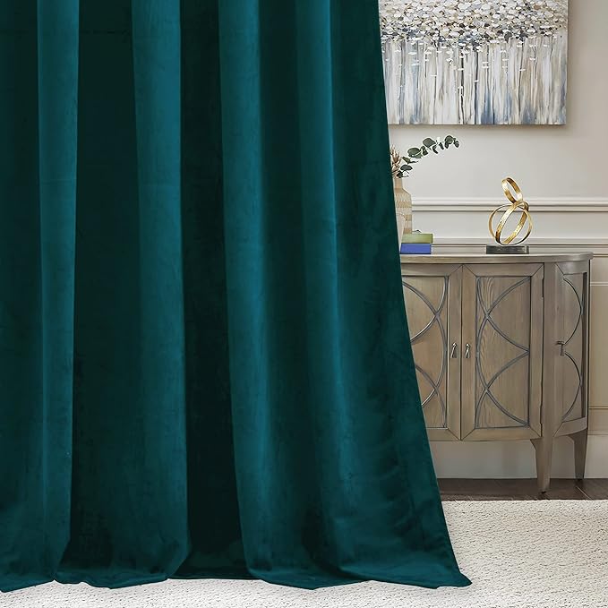 RYB HOME Peacock Blue Velvet Curtains & Drapes, 72 inches Noise Reducing Thermal Insulated Short Curtains for Office, W 52 x L 72, 2 Panels Set