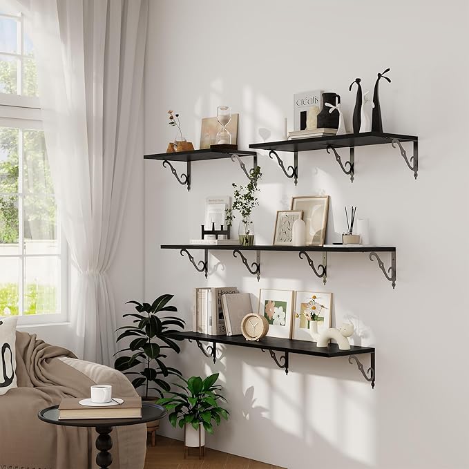 Dreamland Deep Floating Shelves, 36" W x 12" D Wall Shelves Set of 2, Wide Display Shelf Wall Mounted with Brackets, Bookshelf for Living Room, Bathroom, Bedroom, Black