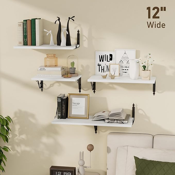 Dreamland Deep Floating Shelves, 31" W x 12" D Wall Shelves Set of 2, Wide Display Shelf Wall Mounted with Brackets, Bookshelf for Living Room, Bathroom, Bedroom, White