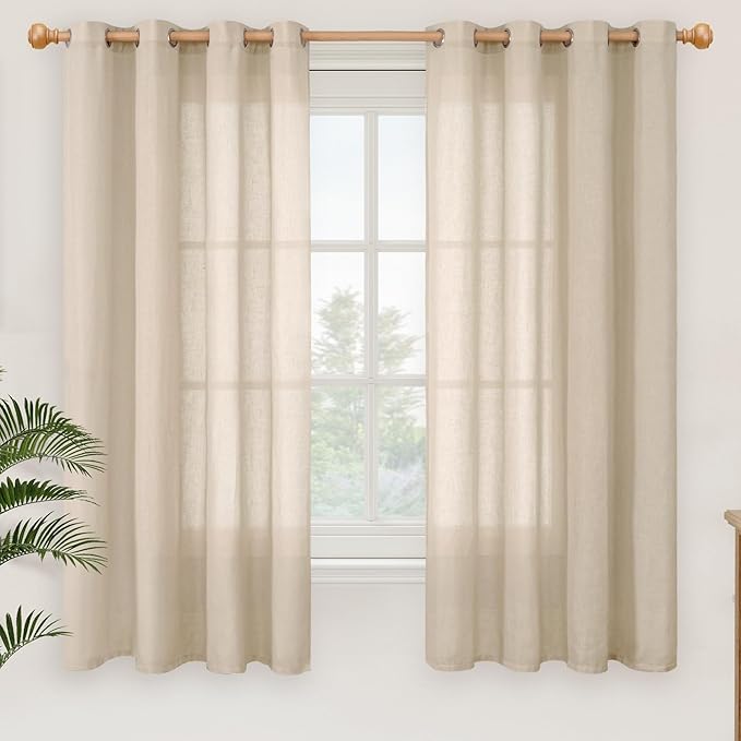 YoungsTex Tan Linen Semi Sheer Curtains 63 Inch Length for Living Room, Light Filtering Drapes with Grommet Lightweight for Bedroom Farmhouse, 2 Panels, 52 X 63 Inch
