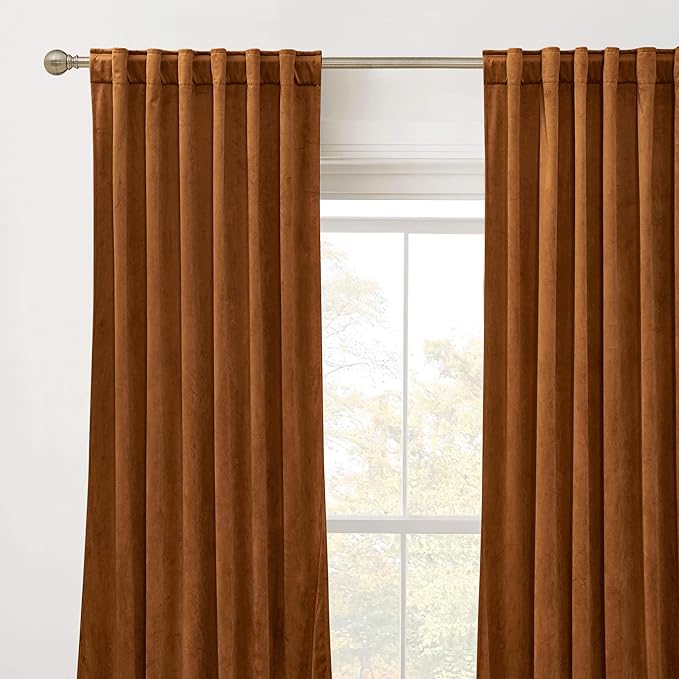 RYB Home Heavy Duty Velvet Curtains & Drapes, Room Darkening Noise Reducing Window Treatment for Living Room Bedroom Privacy Draft Block Shades for Stuido, Golden Oak, W52 x L72 inch, 2 Panels