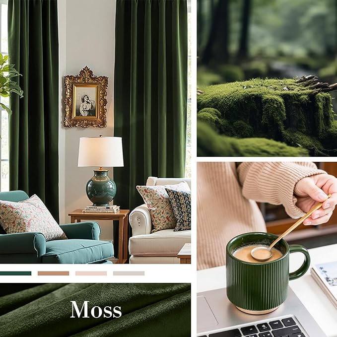 Lazzzy Velvet Blackout Curtains Thermal Insulated Curtains Room Window Drapes Super Soft Luxury Curtains for Living Room Bedroom Rod Pocket 2 Panels, 96 Inch Lined | Moss