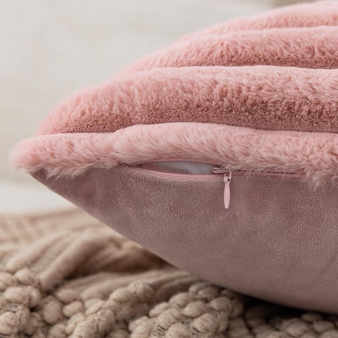 ZLINA Set of 2 Baby Pink Faux Fur Decorative Throw Pillow Covers Fluffy Striped Pillowcase Cushion Covers 16 x 16 Inch Decor Sofa Couch Bedroom