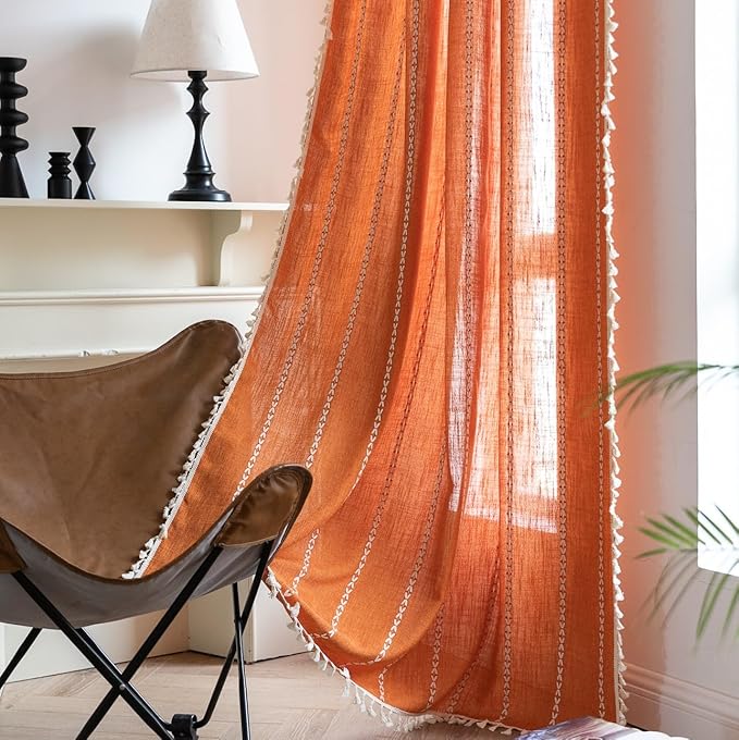 Sutuo Home Orange Boho Curtains for Bedroom Living Room, Semi Blackout Linen Farmhouse Tassels Window Treatment Bohemian Embroidery Drape for Fall Autumn Decor, Rod Pocket 1 Panel 52" W x 72" L