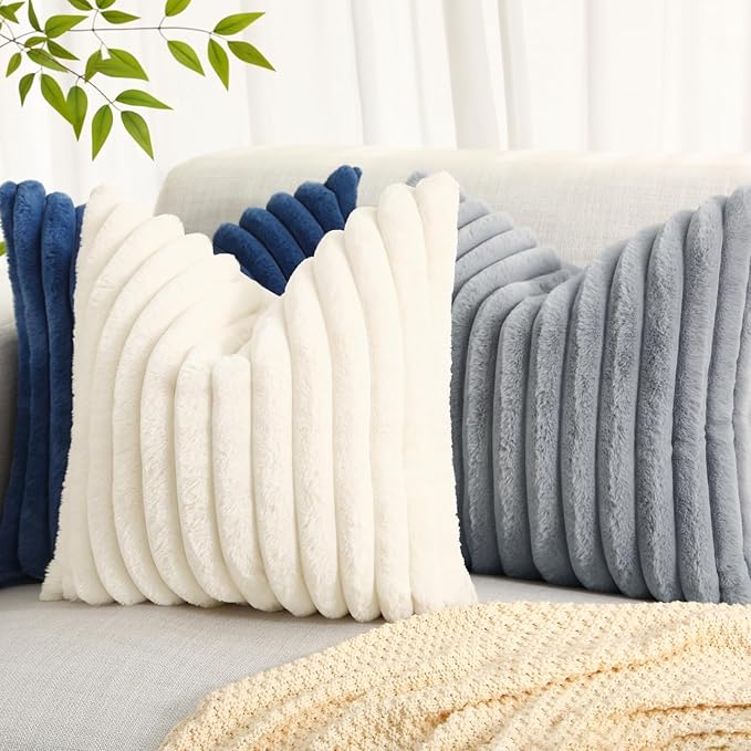 decorUhome Faux Fur Spring Throw Pillow Covers 18x18 Set of 2, Decorative Soft Plush Striped Neutral Couch Pillow Covers with Velvet Back for Sofa, Bed, Living Room Home, Blue