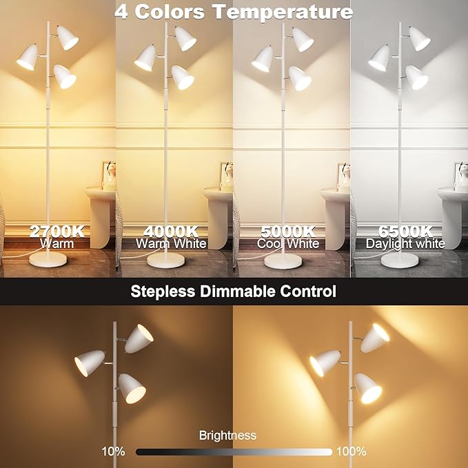 QiMH LED Floor Lamp for Living Room, Modern Dimmable Standing Lamp with 4 Color Temperature,Remote and Touch Control, Tree Floor Lamp for Bedroom with 3 Rotatable Lights Bright Stand up Lamp, White