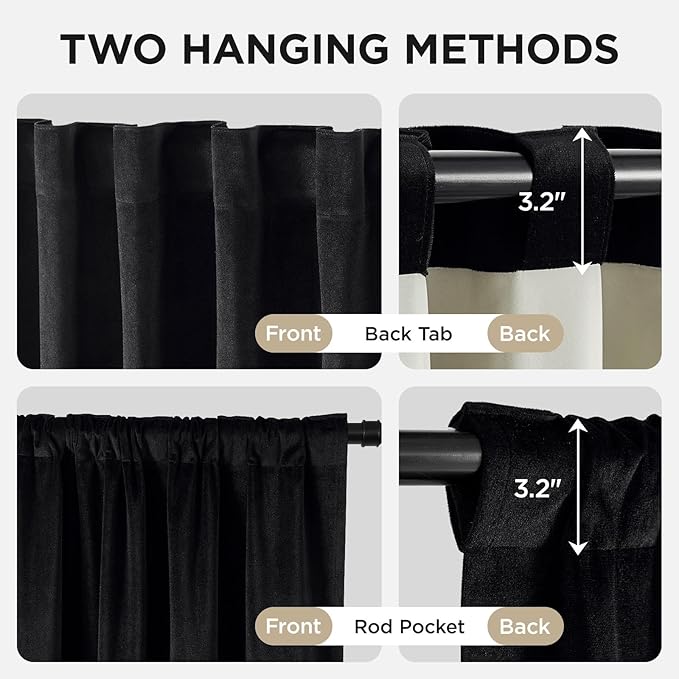 Joydeco Black 100% Blackout Curtains 72 Inch 2 Panels, Luxury Thermal Insulated Black Velvet Curtains for Bedroom Living Room, Soundproof Blackout Window Drapes, Rod Pocket & Back Tab (62W x 72L)