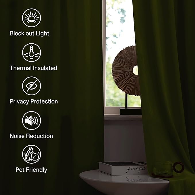 StangH Olive Green Velvet Curtains Light Blocking Bedroom Window Drapes Privacy Thermal Insulated Panels for Living Room Christmas Decor, W52 x L84, 2 Panels