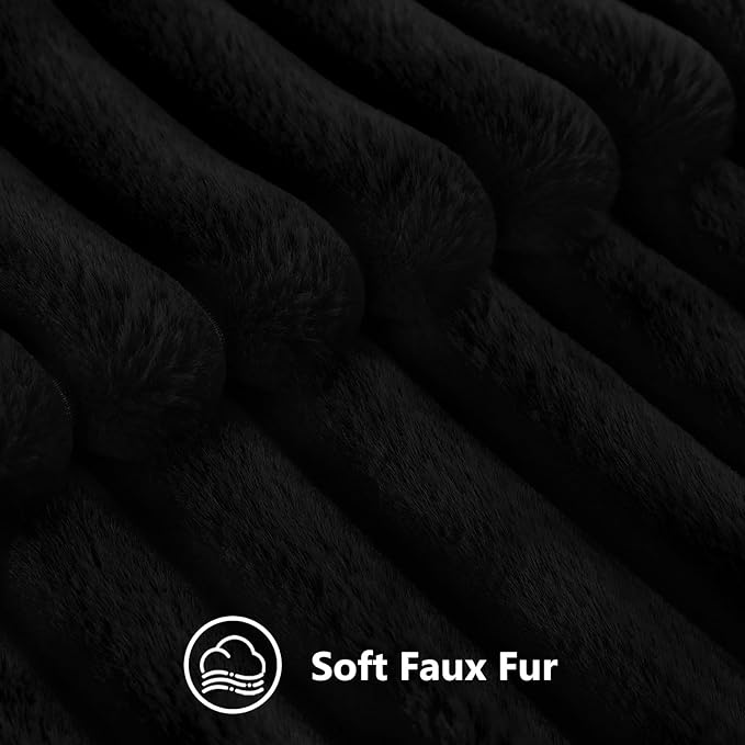 decorUhome Faux Fur Spring Throw Pillow Covers 22x22 Set of 2, Decorative Soft Plush Striped Neutral Couch Euro Sham Pillow Covers with Velvet Back for Sofa, Bed, Living Room Home, Black