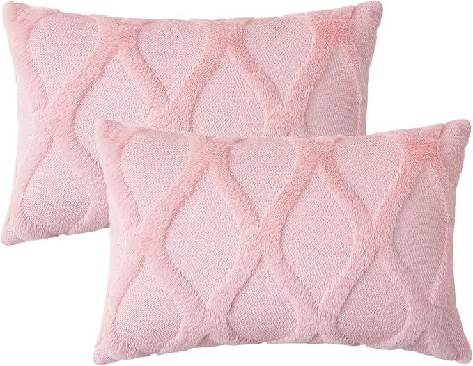 decorUhome Spring Throw Pillow Covers 12x20 Inch Set of 2, Soft Plush Faux Fur Wool Lumbar Light Pink Couch Pillow Covers, Decorative Neutral Pillow Cases for Bed Sofa Living Room Home Decor
