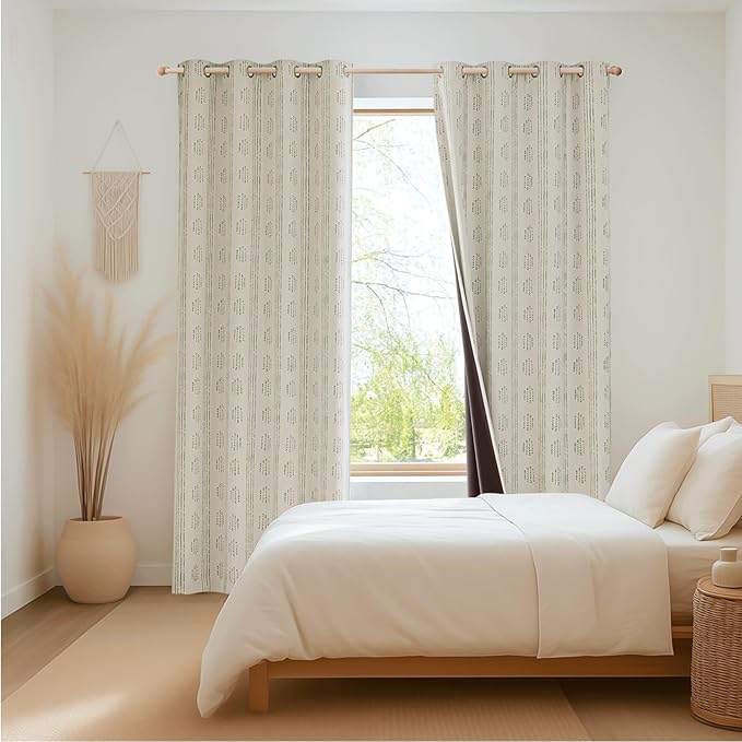 100% Boho Blackout Curtains 63 Inches Long for Bedroom, Green on Beige Patterned Bohemian Curtains for Living Room, Geometric Striped Thermal Insulated Window Drapes Gromment Top 2 Panels