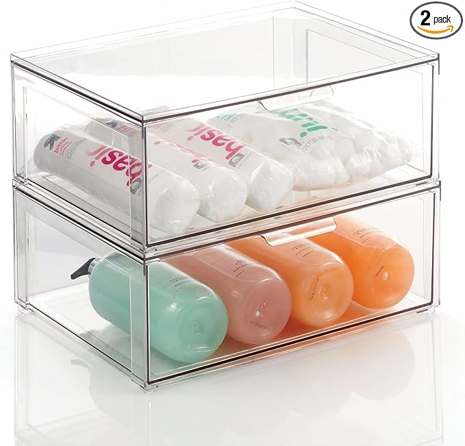 mDesign Plastic Stackable Bathroom Storage Organizer Bin Containers with Front Pull Drawer for Bathroom Countertop, Vanity, Closet Shelves - Holder for Accessories - Lumiere Collection, 2 Pack, Clear