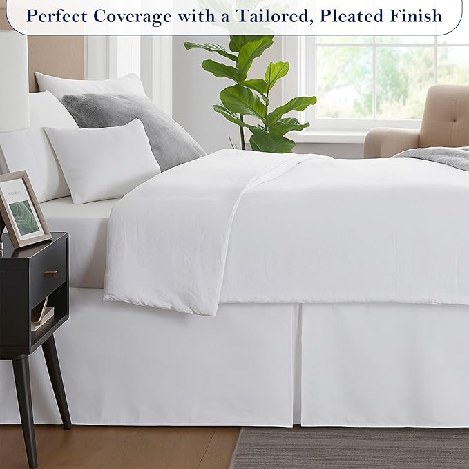 King Bed Skirt, Luxury 21 Inch Drop White Pleated Bed Skirt, Double Brushed Microfiber, Box Pleat Design, Wrinkle & Fade Resistant, Easy Fit Tailored Bedskirt for King Size Beds
