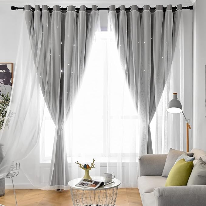Star Double Layer Blackout Curtains for Bedroom, Kids - Cute, 96 Inches Long, 2 Panels Set, Grey, 42 X 96 Inches