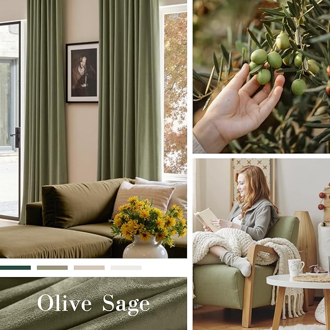 Lazzzy Green Velvet Blackout Curtains 90 Inches Long Thermal Insulated Room Darkening Lined Curtain Drapes Luxury Back Tab Window Treatments for Bedroom Living Room 2 Panels, 52 x 90 Inch, Olive Sage