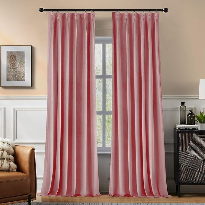 Pinch Pleated 100% Blackout Curtains for Bedroom, Pink Velvet Curtains for Living Room, Black Out Curtain 108 inch Long Room Darkening, Blackout Pinch Pleat Drapes with Hooks 2 Panels