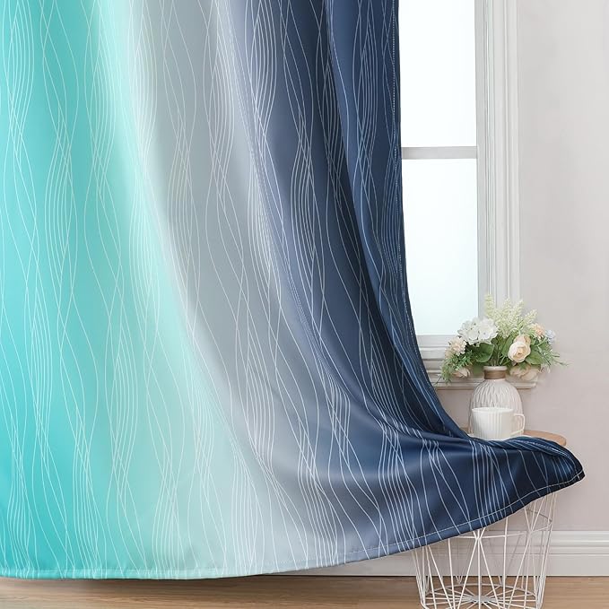Estelar Textiler Navy Blue and Teal Gradient Blackout Curtains for Bedroom, Thermal Insulated Ombre Blackout Drapes, Full Room Darkening Energy Saving Curtains for Living Room,52Wx84L,2 Panels