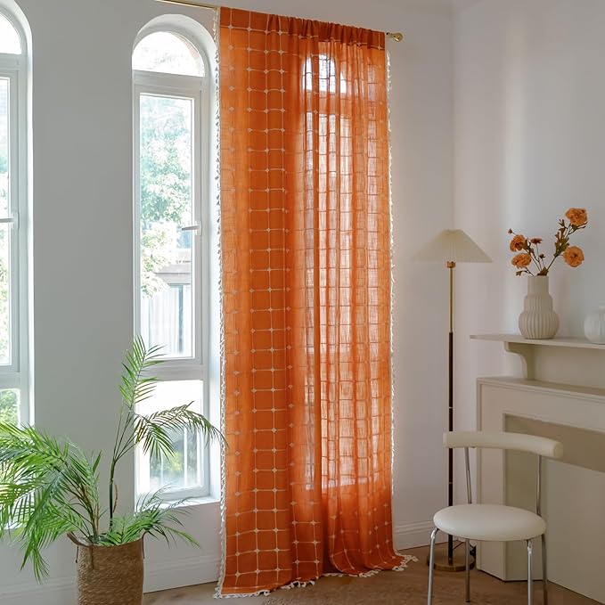 Sutuo Home Boho Curtains Plaids for Nursery, Bohemian Semi Blackout Linen Country Tassels Window Treatment Embroidery Drape for Fall Halloween Decor, Rod Pocket 1 Panel 52" W x 72" L, Burnt Orange