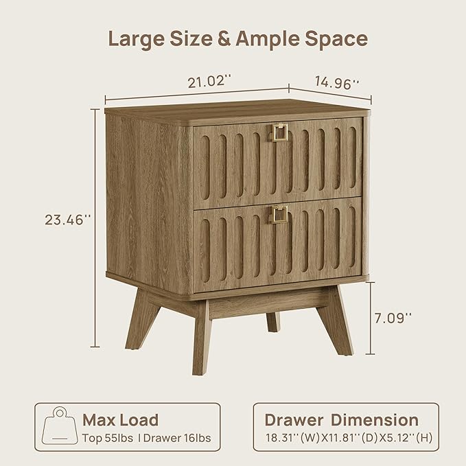 SICOTAS Modern Fluted Nightstand with 2 Drawers, 21" Wide Wood Bedside Table with Gold Handle, Mid-Century End Table for Bedroom, Apartment