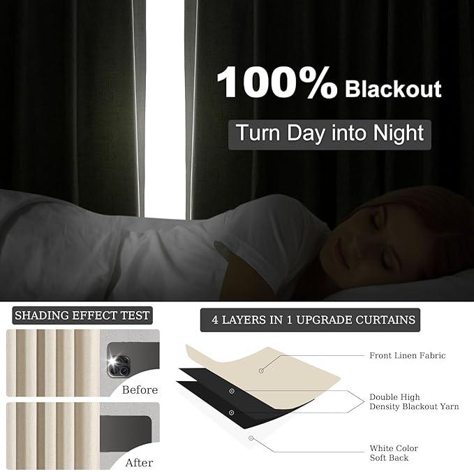 Topfinel Beige Curtains 96 Inch Long, Cream Pinch Pleated 100% Blackout Thermal Insulated Natural Linen Pinch Pleat Viral Drapes with Hooks Rings 2 Panel Sets, Burlap Flax 8FT Back Tab Curtains