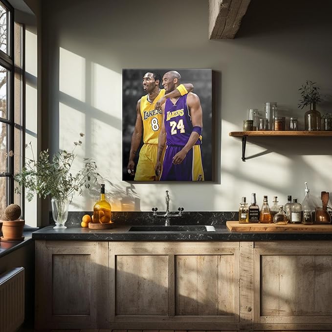 Kobe Bryant Canvas Wall Art Print Poster, Iconic Basketball Player Dual-Era Tribute Artwork, No. 8 and No. 24 Jersey Mamba Mentality Wall Decor for Home Gym Dorm Office Living Room, Framed 11x14inch