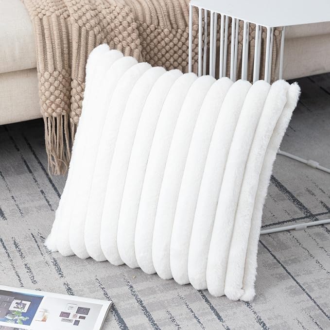 ZLINA Set of 2 Cream White Faux Fur Decorative Throw Pillow Covers Fluffy Striped Pillowcase Cushion Covers 22 x 22 Inch Decor Sofa Couch Bedroom