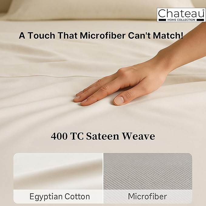 100% Egyptian Cotton Sheets Full Size Bed Set, Deep Pocket Full Sheet Set, 400 Thread Count Cotton Bed Sheets, Naturally Cool Soft Breathable No Pill Elasticated Luxury White Bedding for All Seasons