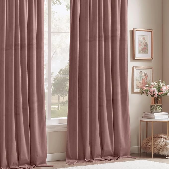 StangH Wild Rose Velvet Curtains 105 inches Romantic Thermal Insulated Drapes for Living Room, Soft Noise Reducing Curtains for Bedroom, W52 x L105, 2 Panels