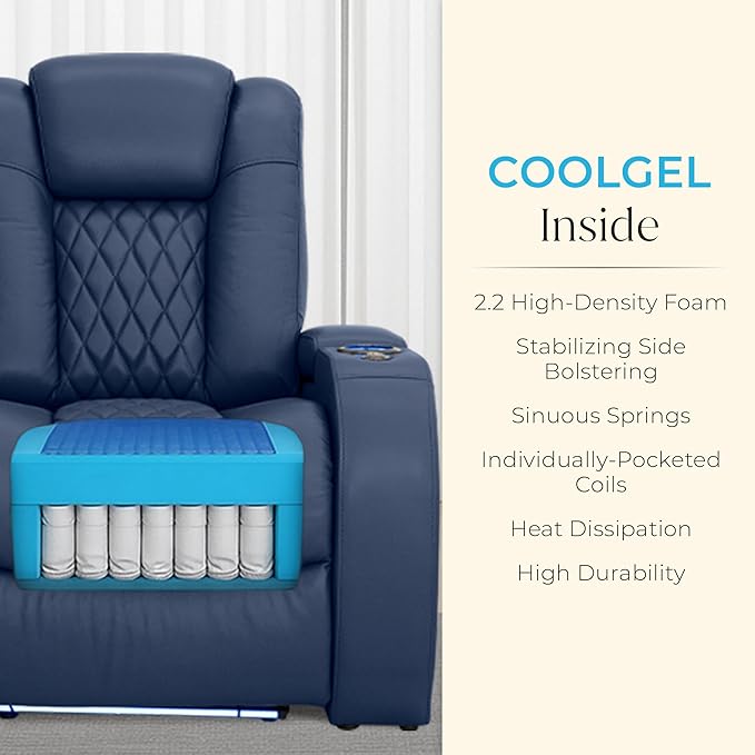 Seatcraft Diamante Zero-Gravity CoolZero Italian Leather Home Theater Seating, Power Headrest, Power Recline, Row of 3 Left Loveseat, Navy Blue