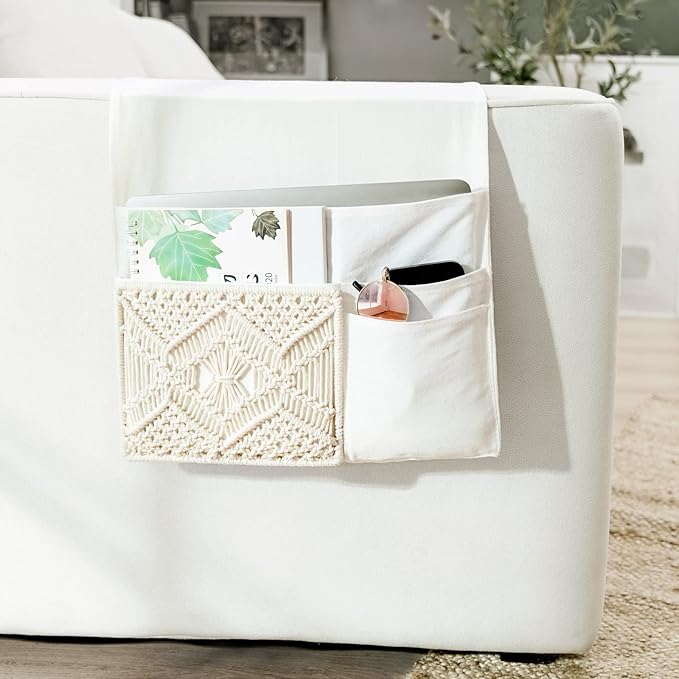 Mkono Couch Bedside Caddy Boho Remote Control Holder Macrame Armrest Storage Sofa Organizer with 4 Pockets for Magazine, Books, Tablet, Sunglasses, Cell Phone, IPad, Home Dorm Room Decor, Ivory