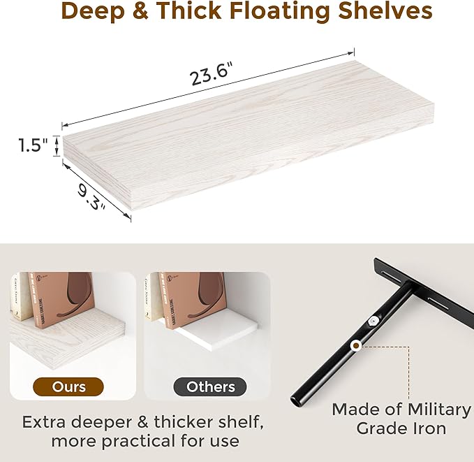 Fun Memories Floating Shelves for Wall, 24 x 9.3 Floating Shelf Wall-Mounted, Rustic Wood Bathroom Shelf Set of 2, Deep Bookshelf Storge Shelves for Living Room, Bedroom, Farmhouse, Brich Color