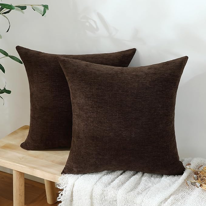 Jeneoo Coffee Brown Decorative Throw Pillow Covers Soft Chenille Comfy Square Couch Cushion Cases for Living Room Sofa Decor (Set of 2, 14 x 14 Inches)