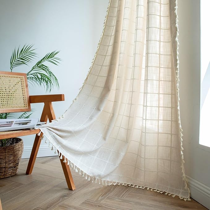 Sutuo Home Boho Curtains for Bedroom Dining Room 90 Inches Long, Beige Bohemian Farmhouse Vintage Chic Tassels Linen Semi Blackout Window Treatment Drape, 1 Panel 52" W x 90" L, Light Coffee Plaids