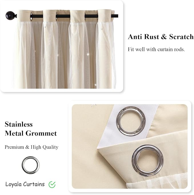 Stars Curtains Double Layer Curtains Blackout Curtains for Bedroom Kids Curtains Cute Curtains Kids Blackout Curtains, Curtains 72 Inches Long 2 Panels Set, Beige Curtains, 52 X 72 Inches