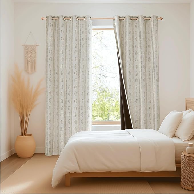 100% Boho Blackout Curtains 90 Inches Long for Bedroom, Taupe on Beige Patterned Bohemian Curtains for Living Room, Geometric Striped Thermal Insulated Window Drapes Gromment Top 2 Panels