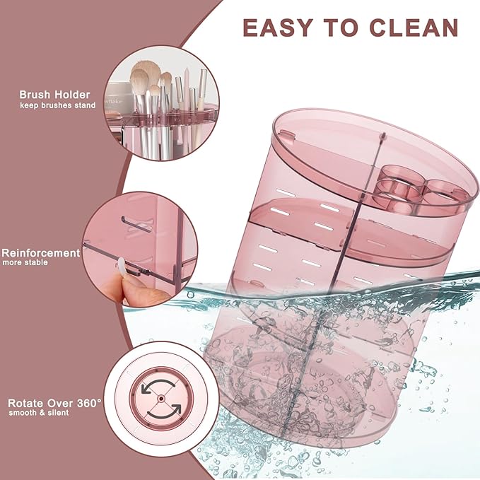 Rotating Makeup Organizer, DIY 8 Adjustable Layers 360 Spinning Skincare Organizers, Makeup Storage Carousel Tower with Brush Holder & Perfume Trays, Cosmetic Display Case for Vanity Bathroom