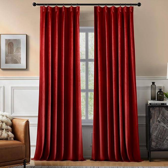 Pinch Pleated 100% Blackout Curtains for Bedroom, Red Velvet Curtains for Living Room, Black Out Curtain 86 inch Long Room Darkening, Blackout Pinch Pleat Drapes with Hooks 2 Panels