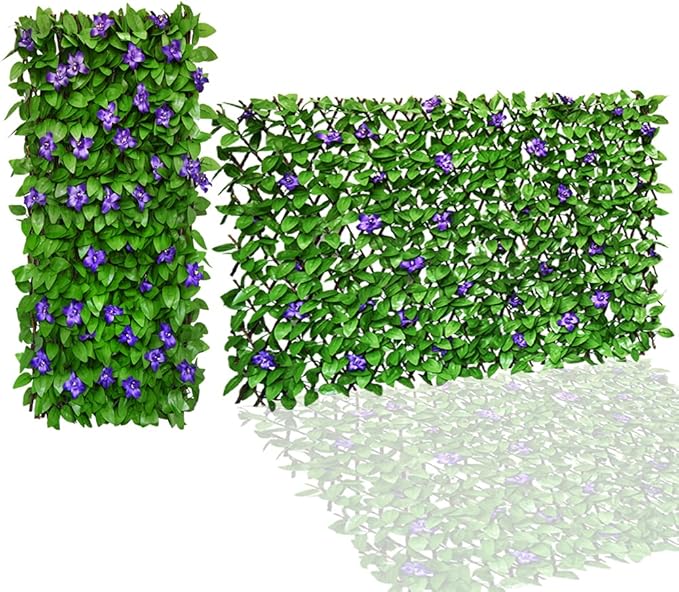 Sumery Expandable Fence Privacy Screen for Balcony Patio Outdoor,Decorative Faux Ivy Fencing Panel,Artificial Hedges (Single Sided Leaves) (1, Green Flowers)